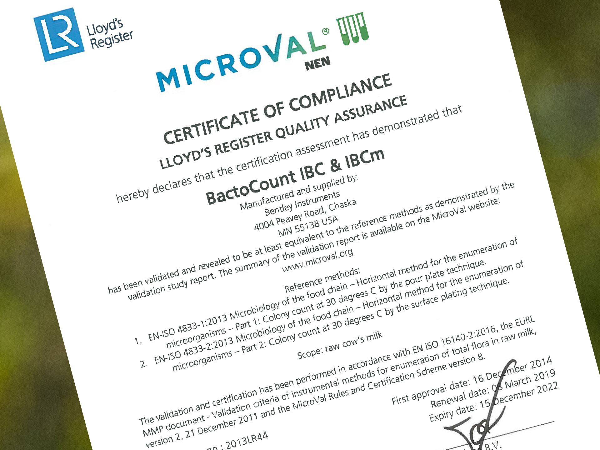 Certyfikat Microval dla aparatów Bentley BactoCount IBC i IBCm